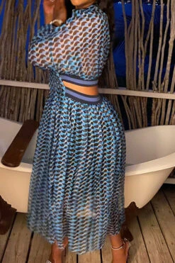 Geometric Print Unusual Cutout Waist Midi Dress -Clothing Outlet Store C23022024 BL 8