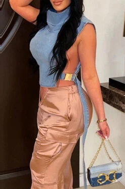 Solid Color Hot Buckled Denim Camisole -Clothing Outlet Store C23022027 BL 3