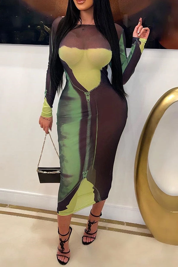 Zipper Print Color Block Party See-Through Midi Dress 1 Zipper Print Color Block Party See-Through Midi Dress