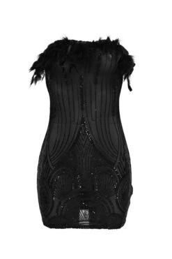 Feather Trim Romantic Sequined See-Through Mini Dress 6 Feather Trim Romantic Sequined See-Through Mini Dress -Clothing Outlet Store C23022055 BK 3