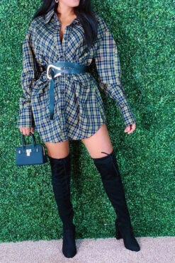 Plaid Cool Belted Shirt Mini Dress -Clothing Outlet Store C23022078 RT 3