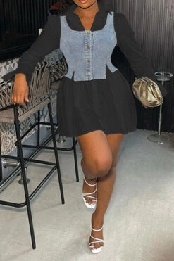 Solid Color Preppy Denim Dress Suit -Clothing Outlet Store C23022409 BK 1