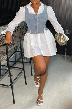 Solid Color Preppy Denim Dress Suit