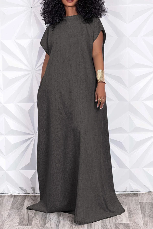 Solid Color Simple Open Back Denim Maxi Dress 4 Solid Color Simple Open Back Denim Maxi Dress - Image 4