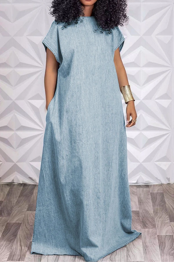 Solid Color Simple Open Back Denim Maxi Dress 1 Solid Color Simple Open Back Denim Maxi Dress