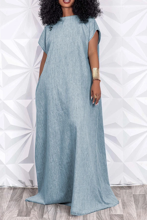 Solid Color Simple Open Back Denim Maxi Dress 2 Solid Color Simple Open Back Denim Maxi Dress - Image 2
