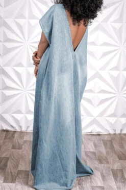 Solid Color Simple Open Back Denim Maxi Dress 7 Solid Color Simple Open Back Denim Maxi Dress -Clothing Outlet Store C23022411 LB 3