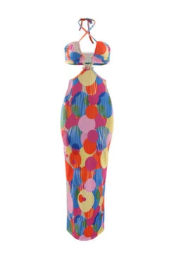 Polka Dot Colorful Cutout Waist Maxi Dress -Clothing Outlet Store C23022486 RT 3