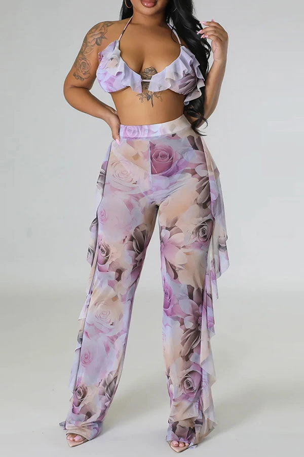 Rose Print Beachy Ruffle Three Pieces 1 Rose Print Beachy Ruffle Three Pieces