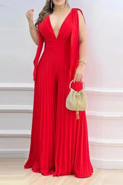 Solid Color Stylish Wide Leg Pleated Jumpsuit -Clothing Outlet Store C23030120 RE 1