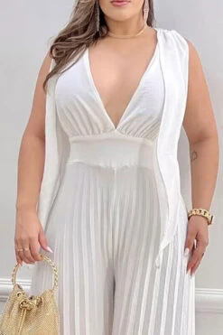 Solid Color Stylish Wide Leg Pleated Jumpsuit -Clothing Outlet Store C23030120 WH 2
