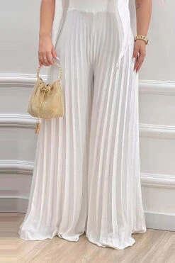 Solid Color Stylish Wide Leg Pleated Jumpsuit -Clothing Outlet Store C23030120 WH 3