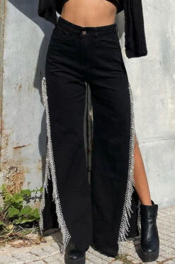 Solid Color Urban High Split Tassel Trim Jeans -Clothing Outlet Store C23030133 BK 1