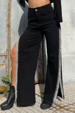 Solid Color Urban High Split Tassel Trim Jeans -Clothing Outlet Store C23030133 BK 2