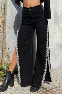 Solid Color Urban High Split Tassel Trim Jeans -Clothing Outlet Store C23030133 BK 4