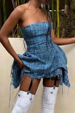 Plaid Girly Layered Irregular Mini Dress -Clothing Outlet Store C23030163 BL 4