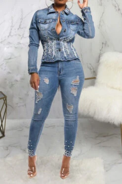 Beaded Decor Girly Burrs Denim Coat