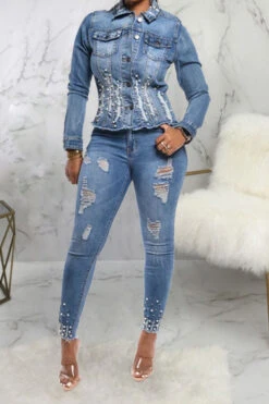 Beaded Decor Girly Burrs Denim Coat -Clothing Outlet Store C23030168 BL 3