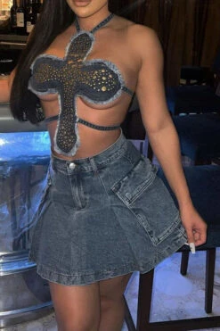 Rivet Design Unique Irregular Denim Camisole -Clothing Outlet Store C23030171 BL 3