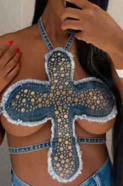 Rivet Design Unique Irregular Denim Camisole -Clothing Outlet Store C23030171 BL 4