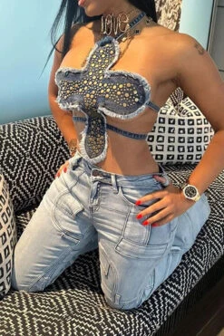 Rivet Design Unique Irregular Denim Camisole -Clothing Outlet Store C23030171 BL 6