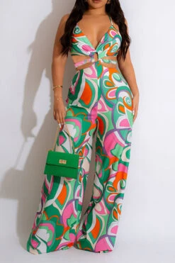Tribal Floral Print Colorful Cutout Waist Jumpsuit 10 Tribal Floral Print Colorful Cutout Waist Jumpsuit -Clothing Outlet Store C23030175 OR 1