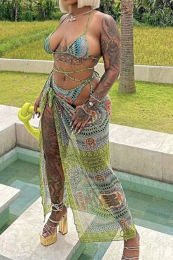 Banknote Print Beachy Strappy Three Pieces