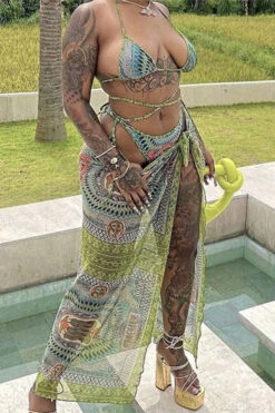 Banknote Print Beachy Strappy Three Pieces -Clothing Outlet Store C23030180 GR 3