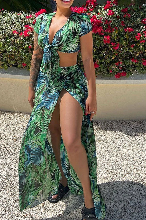Leaf Print Tropical Tie Front High Split Three Pieces 1 Leaf Print Tropical Tie Front High Split Three Pieces