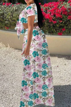 Leaf Print Tropical Tie Front High Split Three Pieces 9 Leaf Print Tropical Tie Front High Split Three Pieces -Clothing Outlet Store C23030182 PI 2