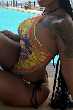 Tribal Print Retro Lace-Up Irregular Bikini -Clothing Outlet Store C23030193 RT 3