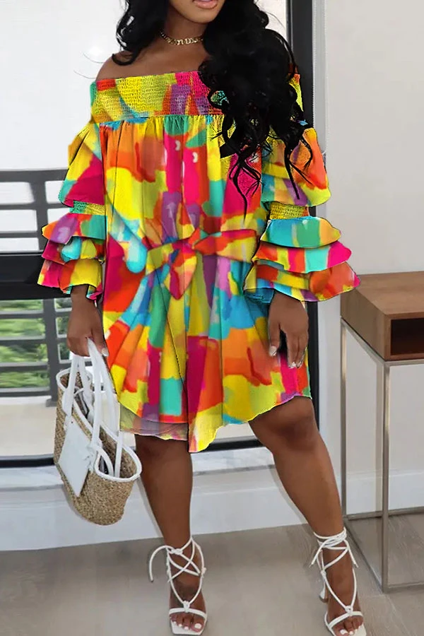 Graffiti Print Cute Strap Shirred Detail Flowy Mini Dress 2 Graffiti Print Cute Strap Shirred Detail Flowy Mini Dress - Image 2