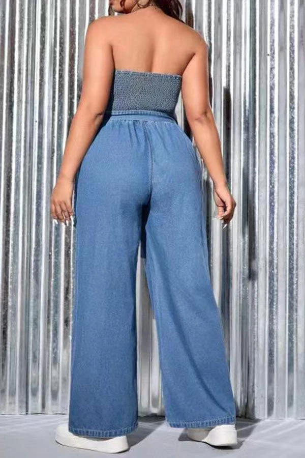 Strap Shirred Smart Denim Wide Leg Jumpsuit 2 Strap Shirred Smart Denim Wide Leg Jumpsuit - Image 2
