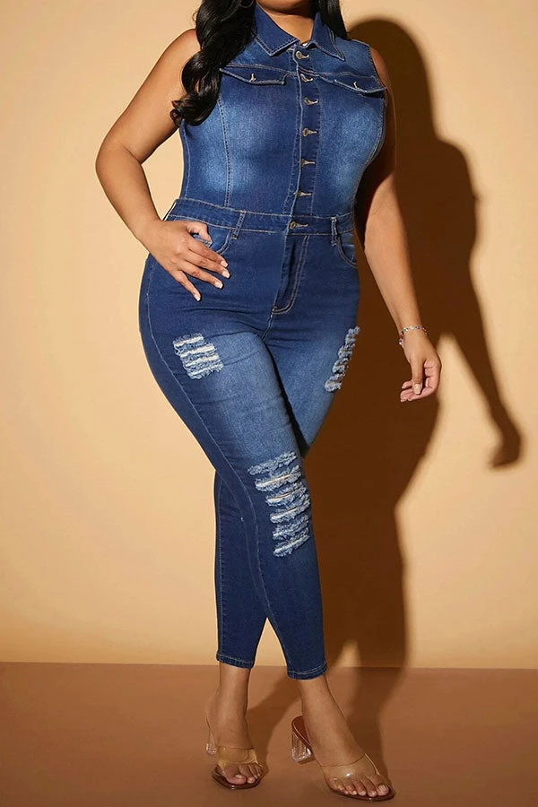 Ripped Classic Button Down Denim Jumpsuit 4 Ripped Classic Button Down Denim Jumpsuit - Image 4
