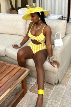 Color Block Striped Smart Cutout One Piece Swimwear 8 Color Block Striped Smart Cutout One Piece Swimwear -Clothing Outlet Store C23030745 YE 3