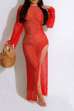 Knitted Hollow-Out Beachy Side Split Tassel Beachwear -Clothing Outlet Store C23030748 RE 1