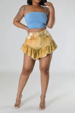 Solid Color Cute Ruffle Denim Shorts -Clothing Outlet Store C23031053 YE 1 0307eed4 4847 408e 92eb 7d83bd5791dc