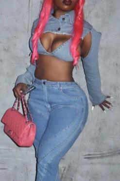 Solid Color Unique Irregular Denim Jacket -Clothing Outlet Store C23031055 BL 3