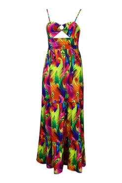 Feather Print Colorful Tiered Ruffle Maxi Dress -Clothing Outlet Store C23031074 YE 2