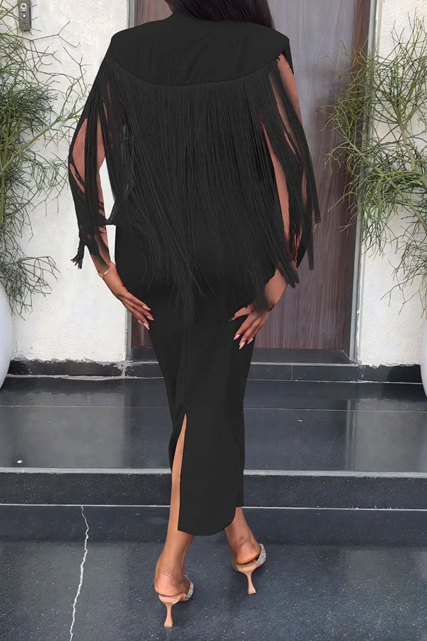 Solid Color Unique Tassel Shawl Design Midi Dress 4 Solid Color Unique Tassel Shawl Design Midi Dress - Image 4