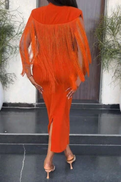 Solid Color Unique Tassel Shawl Design Midi Dress 11 Solid Color Unique Tassel Shawl Design Midi Dress -Clothing Outlet Store C23031621 OR 2