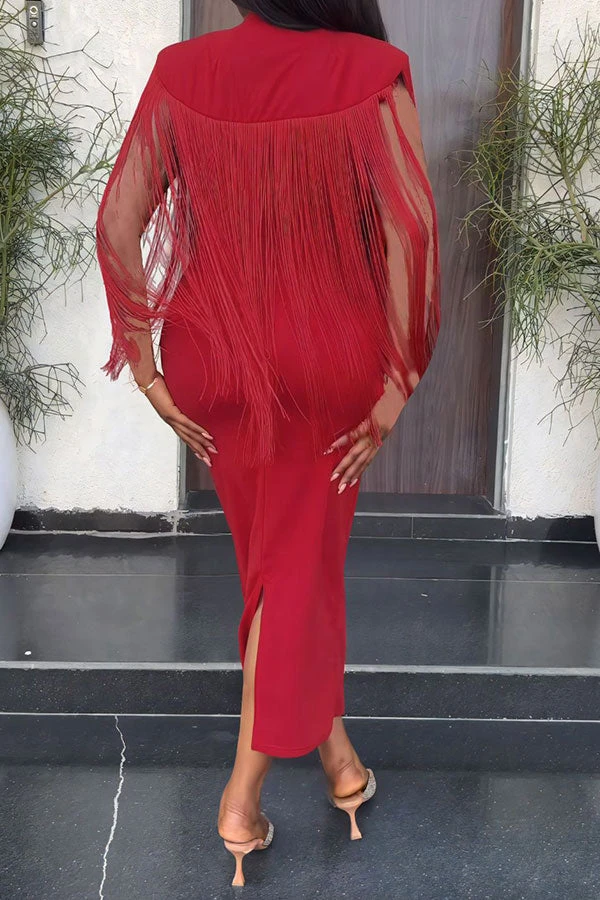 Solid Color Unique Tassel Shawl Design Midi Dress 2 Solid Color Unique Tassel Shawl Design Midi Dress - Image 2