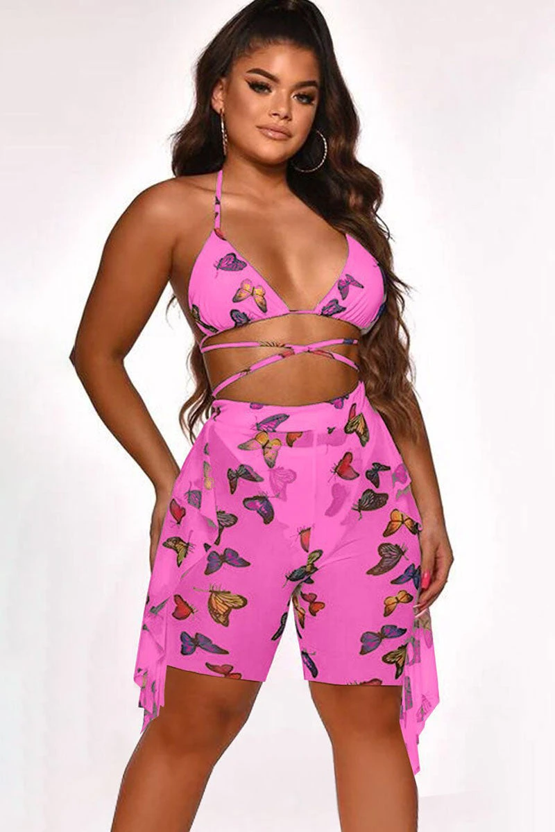 Butterfly Print Hot Strappy Side Ruffle Three Pieces 2 Butterfly Print Hot Strappy Side Ruffle Three Pieces - Image 2