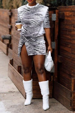 Zebra Print Casual Irregular Split Mini Dress -Clothing Outlet Store C23031676 WH 1