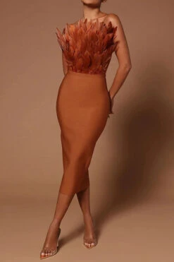 Feather Design Glamorous Bandeau Midi Dress -Clothing Outlet Store C23031677 BR 1