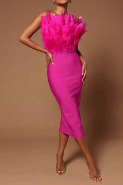 Feather Design Glamorous Bandeau Midi Dress