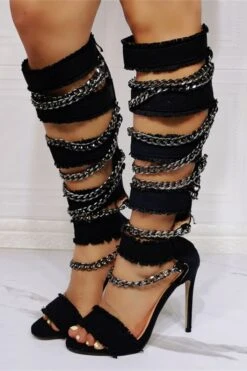 Chain Decor Cool Bandage Denim Sandals