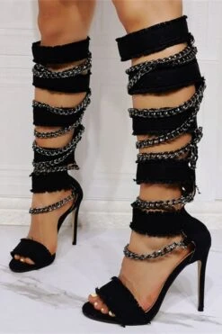 Chain Decor Cool Bandage Denim Sandals 7 Chain Decor Cool Bandage Denim Sandals -Clothing Outlet Store C23031709 BK 3