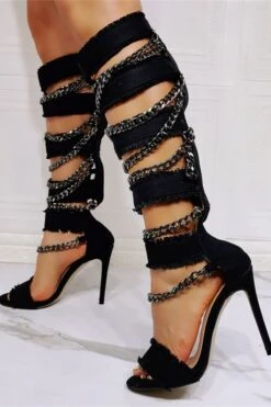 Chain Decor Cool Bandage Denim Sandals 8 Chain Decor Cool Bandage Denim Sandals -Clothing Outlet Store C23031709 BK 4