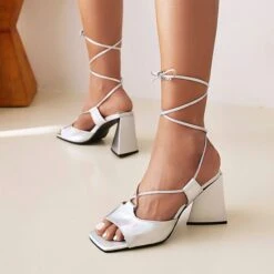 Solid Color Glistening Square Toe Strappy Sandals -Clothing Outlet Store C23031793 SI 1